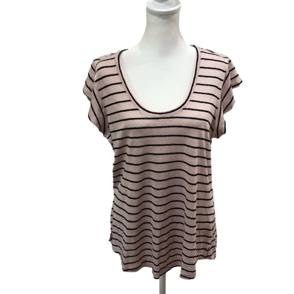 SANCTUARY linen pink and brown striped scoop neck short sleeve top. NWT. Size L